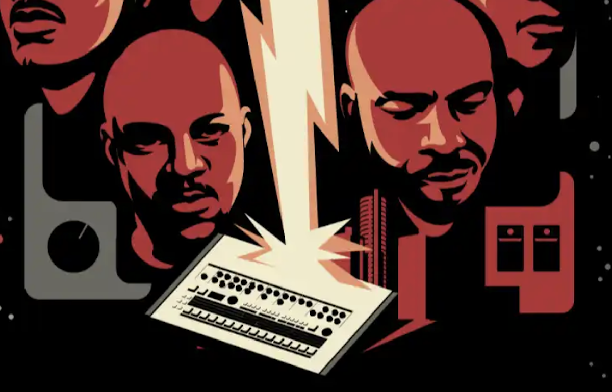 Illustrated poster for God Said Give 'Em Drum Machines: red-toned faces look over a lightning bolt striking a classic drum machine synthesizer.